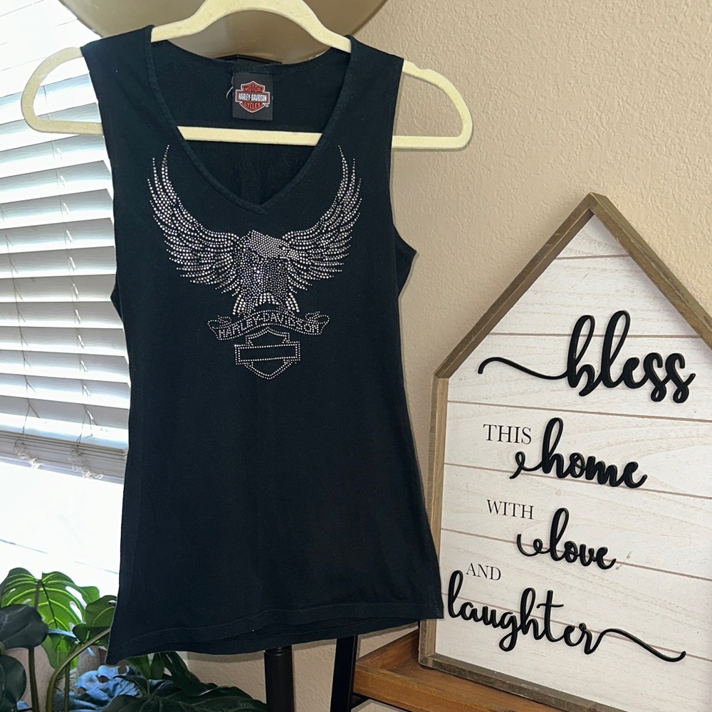 Vintage Harley Davidson Tank Top Womens Black Wings Grunge Biker USA Y2K